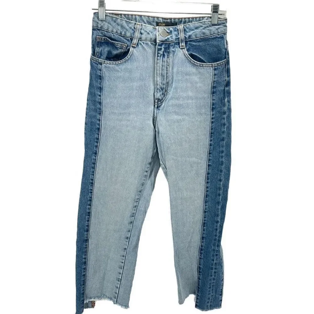 Maje Womens Straight Leg Jeans Denim Mid Rise 5 Pocket Casual Frayed Hem 38